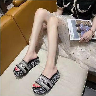SS0259 Sandal Slop Wanita Fashion Import Sendal Wedges Embroidered Slide Thick Slip On Ready Jakarta Bisa COD (With Box)
