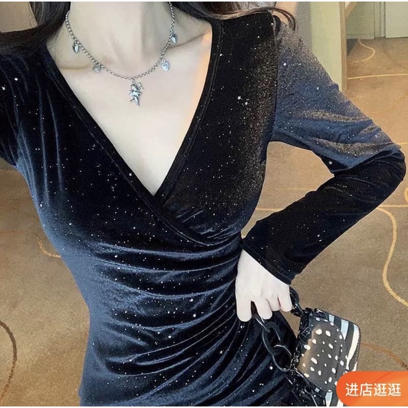 MD19/199 Velvet mini dress lengan panjang v neck blink blink / korean sexy bodycon dress / dress pesta / dress malam