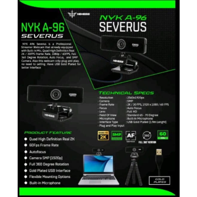 Webcam external laptop/pc  NYK Nemesis A96 Severus A-96 QHD 2K 60FPS Auto Focus