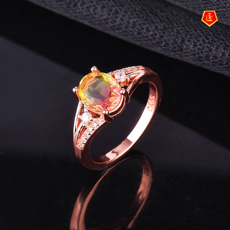 [Ready Stock]Women's 18K Rose Gold Inlaid Colored Crystal Ring