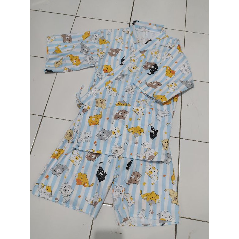 YUKATA KIMONO JINBEI PIYAMA PIJAMAS JEPANG KUCING NEKO FULL KATUN