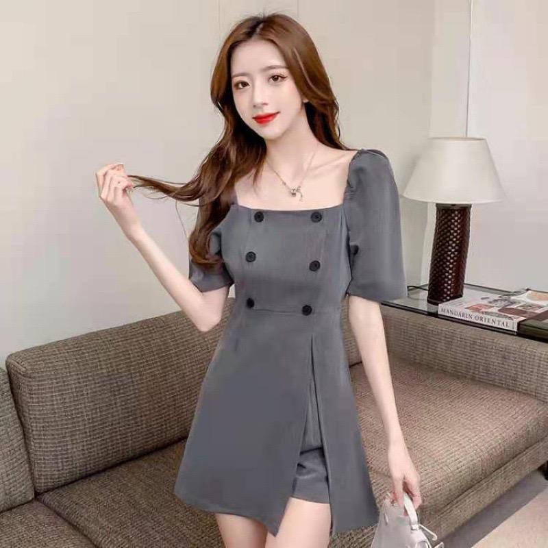 [littlecrab] Setelan Atasan Square Neck Celana Pendek Hitam Abu-Abu Simple Elegan Simply Fashion Dress Berkualitas Sabrina Set Korean Style