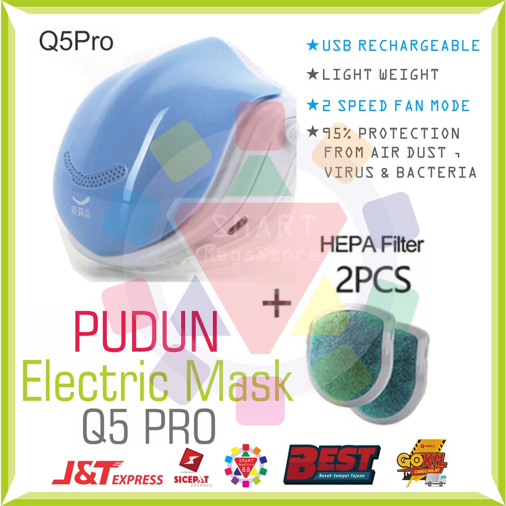 Masker Elektrik Biru Q5Pro HEPA Filter Perlindungan 95% With 2 SPEED FAN Control Masker Sekolah Kant