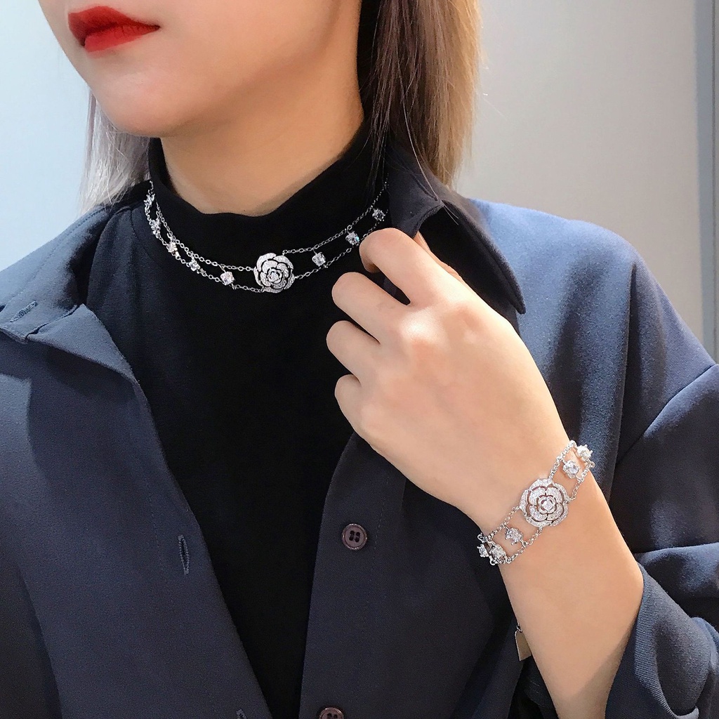 Hu Hu Hu Hu Hu Alat Bantu Pasang Kacamata♡ Kalung Gelang Stud Desain Camellia Bahan Tembaga Gaya Vintage Untuk Wanita