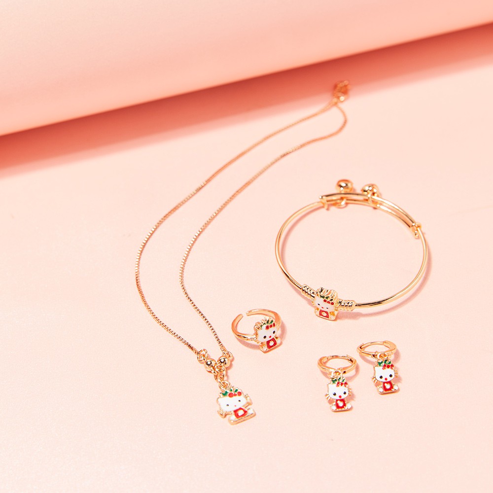 Y046【Pengiriman di tempat】Aksesoris Anak Perempuan Kalung Anting Gelang Set Perhiasan Anak Hello Kitty Titanium Anti Karat