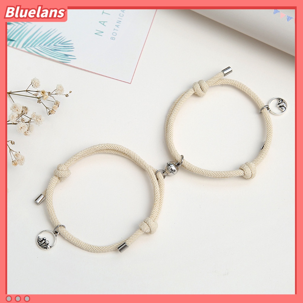 Bluelans 2pcs Gelang Tali Kepang Magnetik Dapat Disesuaikan Bahan Alloy Untuk Pasangan