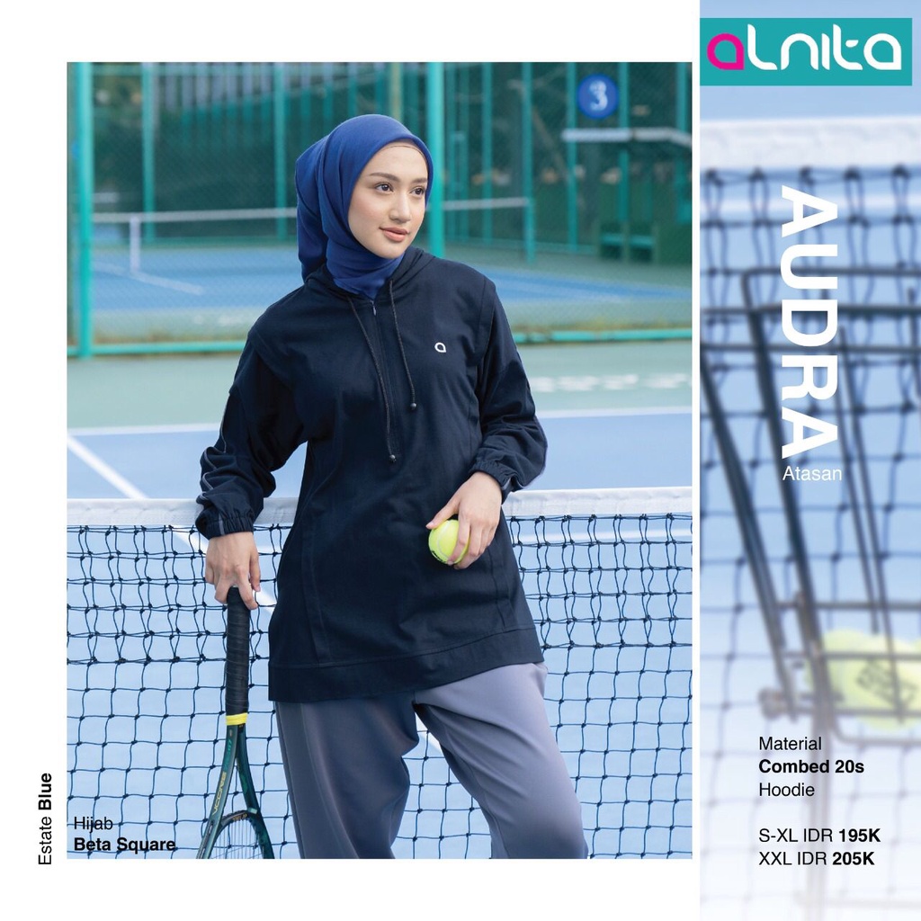 Alnita Atasan Olahraga Audra Bahan Combed 20's Atasan Wanita Olahraga Muslimah Hoodie Simpel Kekinian bisa COD