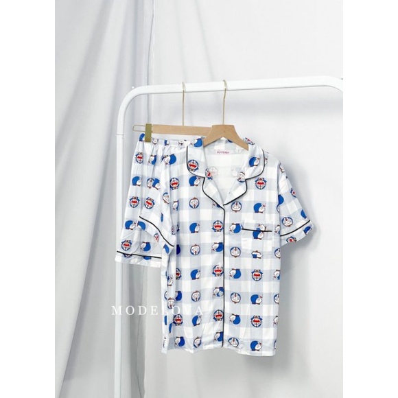 MDLV ~ Baju Tidur Set Doraemon Square HP Blue Set Piyama Dewasa Hot Pants Baju Tidur Dewasa Fashion import