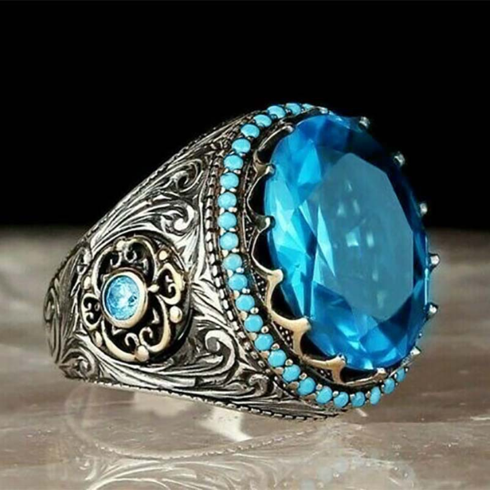 Cincin Kawin Pria Fashion Perhiasan Safir Kristal Berlian Biru Baja Titanium Perak Antik Silver Rings