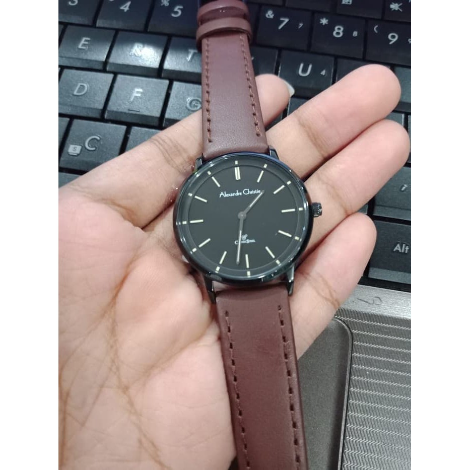 JUAL JAM TANGAN WANITA ASLI   ALEXANDRE CHRISTIE AC 8492 WANITA FULL BLACK LEATHER BROWN ORIGINAL