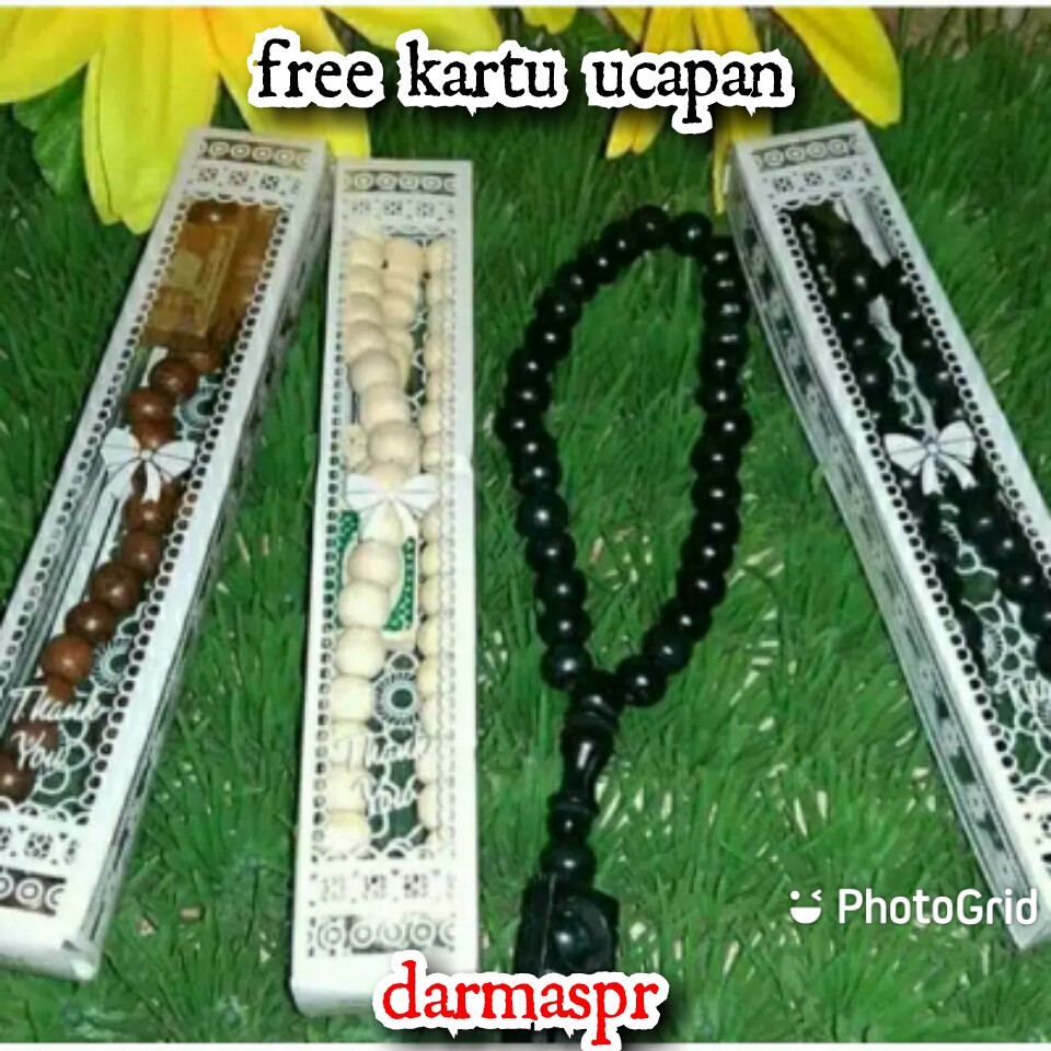 SOVENIR PERNIKAHAN TASBIH KAYU KEMASAN MIKA MOTIF BONUS KARTU UCAPAN TERIMA KASIH