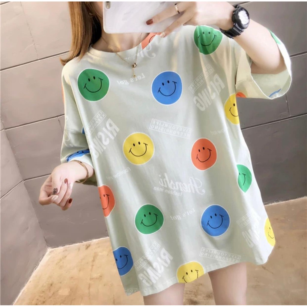 Oversize Tee Tshirt Wanita   Model Longgar Motif Smile Bulat