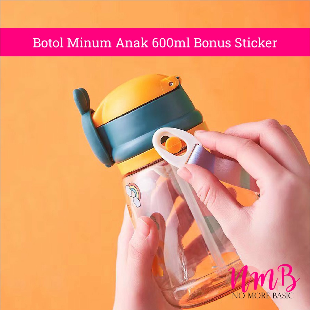 Botol Minum Anak 600ml Bonus Sticker Dengan Gagang Sedotan Karakter Kartun