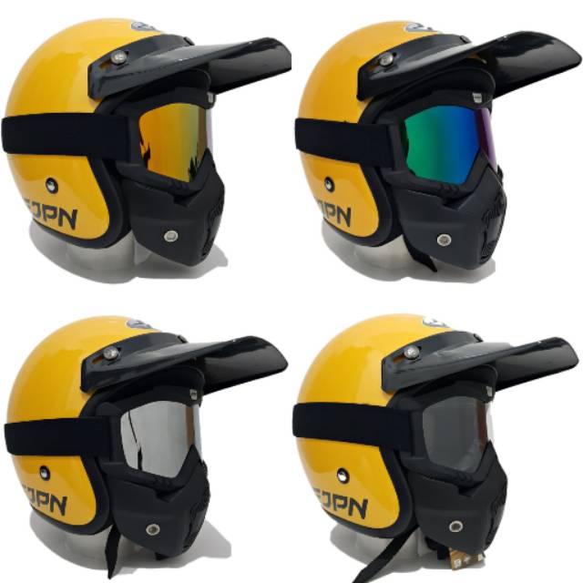 Helm Retro Jpn Kuning Golkar Gloss Pet PANJANG Dengan Goggle Mask