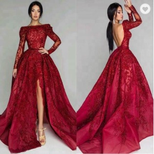 Gaun merah marun lengan panjang Tanpa belakang seksi