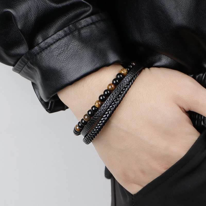 Gelang Manik-Manik Batu Vulkanik Tiger Eye Bahan Kulit Gaya Vintage Untuk Pria