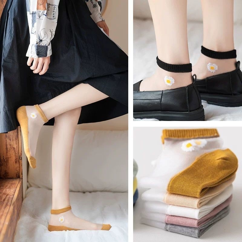 AGG-271 Kaos Kaus Kos Koas Bunga Daisy Transparan Pendek Mata Kaki Ankle Wanita Fashion Socks