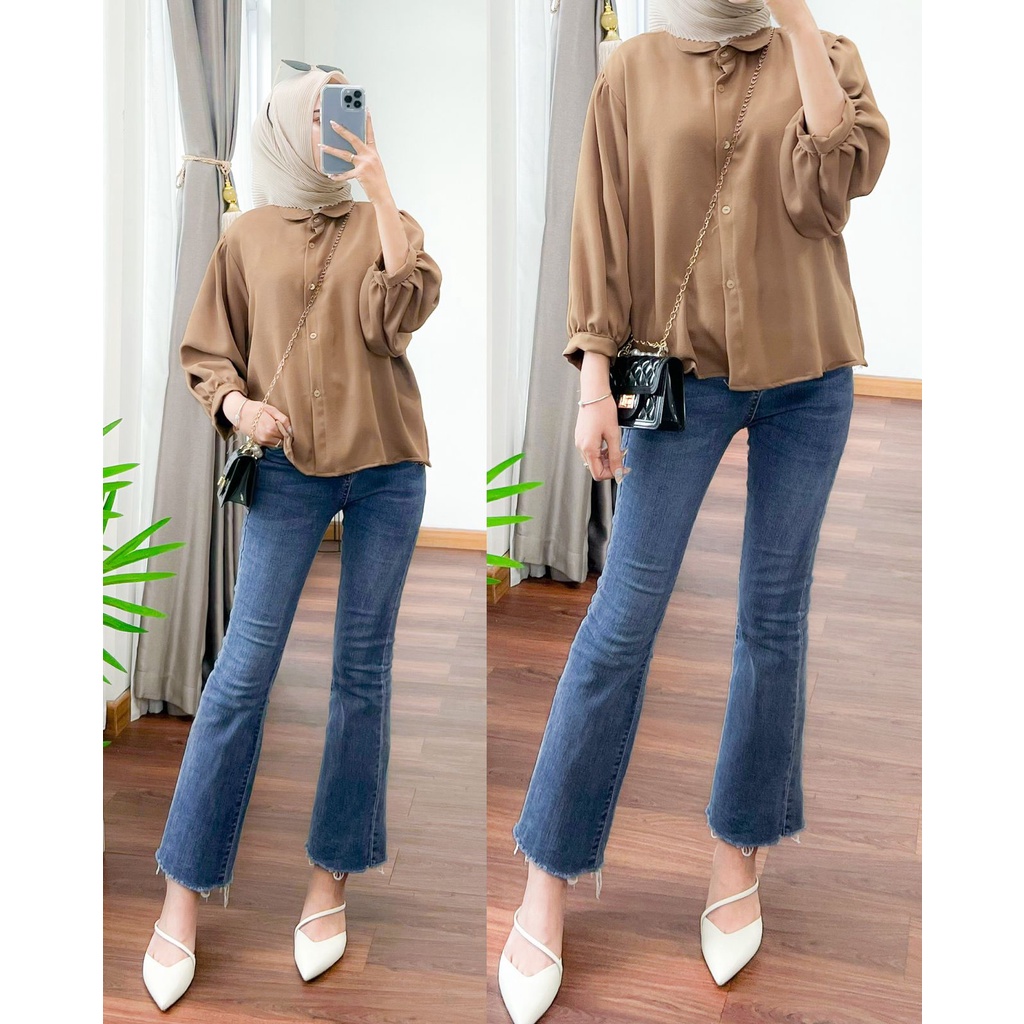 Elzan Blouse Shakilla Twill Full Kancing Depan Polos Basic Lengan Balon Baju Atasan Kerja KEMEJA WANITA POLOS CASUAL - TOP ATASAN KOREA