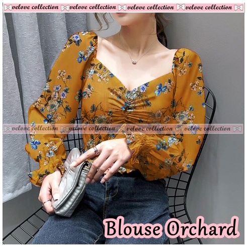 KALANTHA FASHION Chic Chiffon Top Vintage Blouse Wanita Motif Bunga Korean Style-6377 Mustard