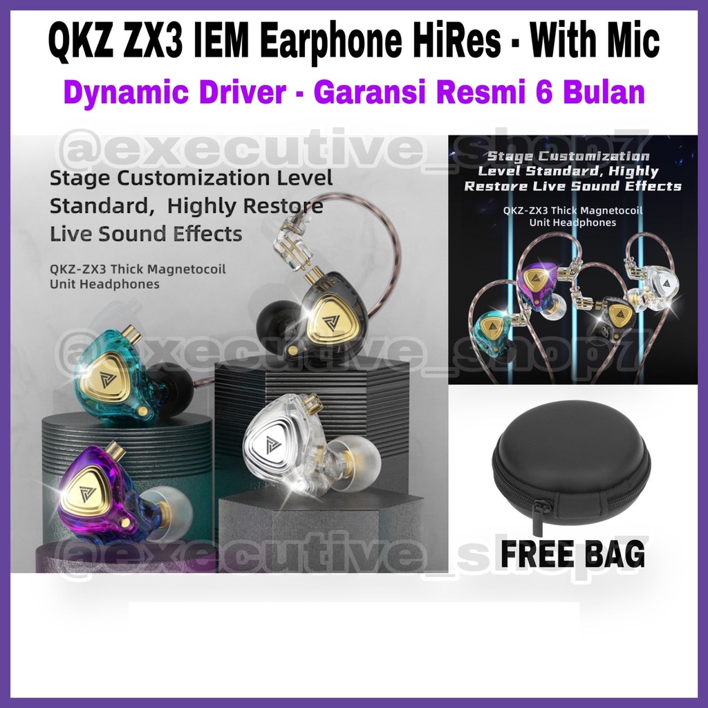 QKZ ZX3 IEM Earphone HiRes - With Mic - Dynamic Driver - Garansi Resmi 6 Bulan