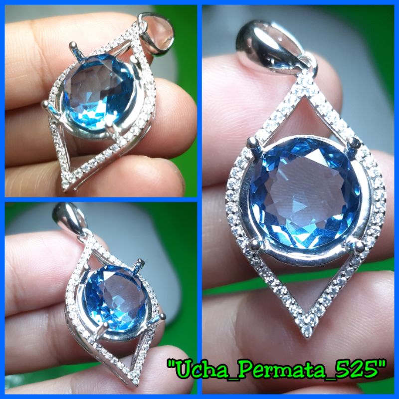 Liontin cewek batu permata blue topaz london sintetic cutting murah