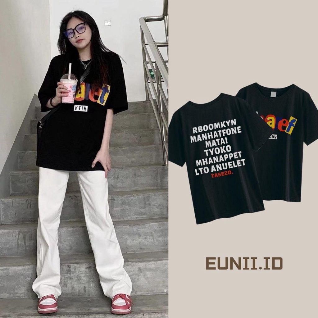 EUNII T-shirt Lengan Pendek Hitam Bahasa Inggris Pencetakan Longgar Korean Sytle/Kaos Atasan Wanita/Baju Kaus Oversize Wanita