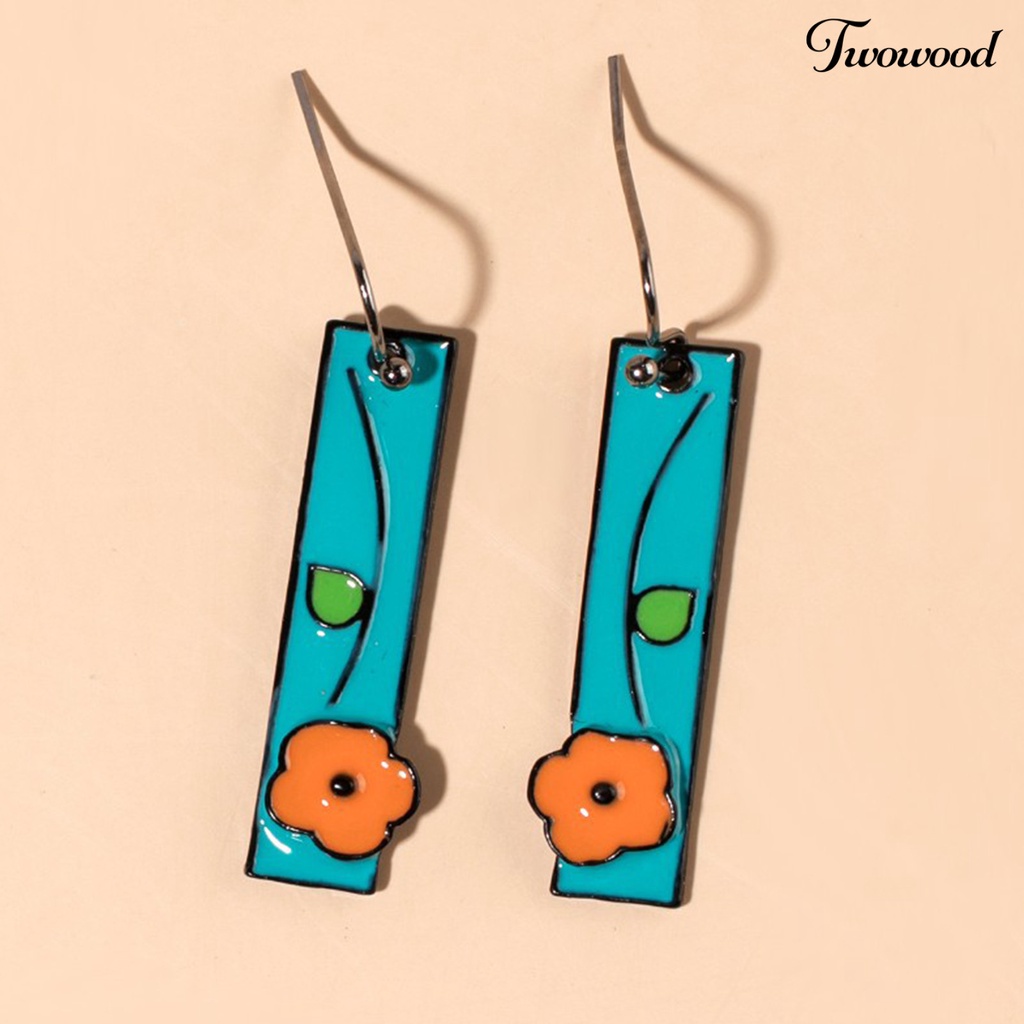 Twowood 1 Pair Women Earrings Painted Flower Jewelry All Match Rectangle Long Hook Earrings for Dating