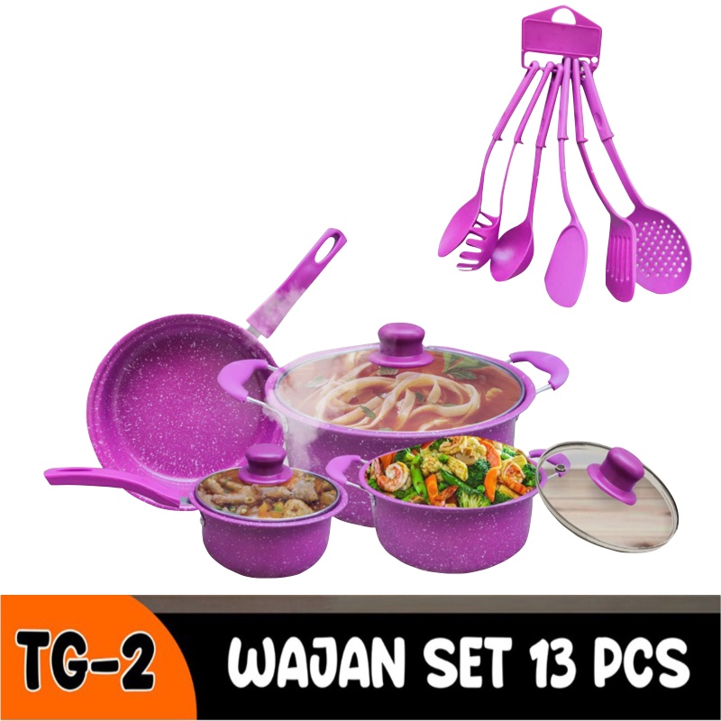 Panci Set Teflon Marble 13 Pcs Cookware Set Tutup Kaca - WORLDDEKOR