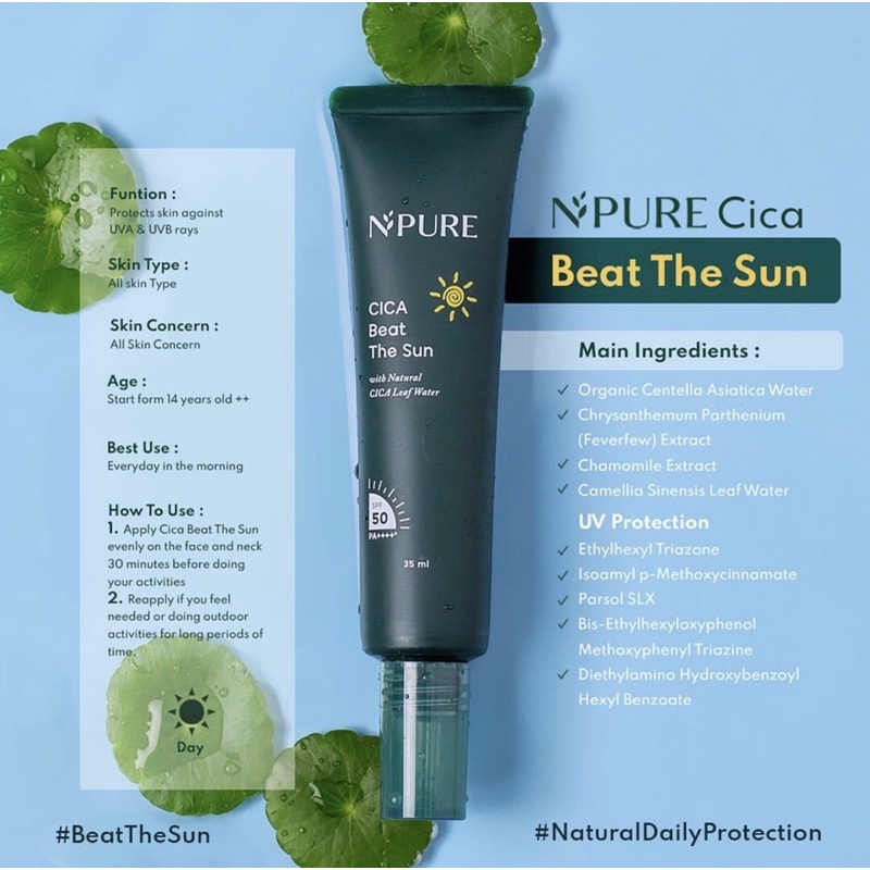 NPURE Sunscreen Cica Beat The Sun SPF 50 PA+++ (35 ML) Sun Screen Wajah Gel, Tabir Surya