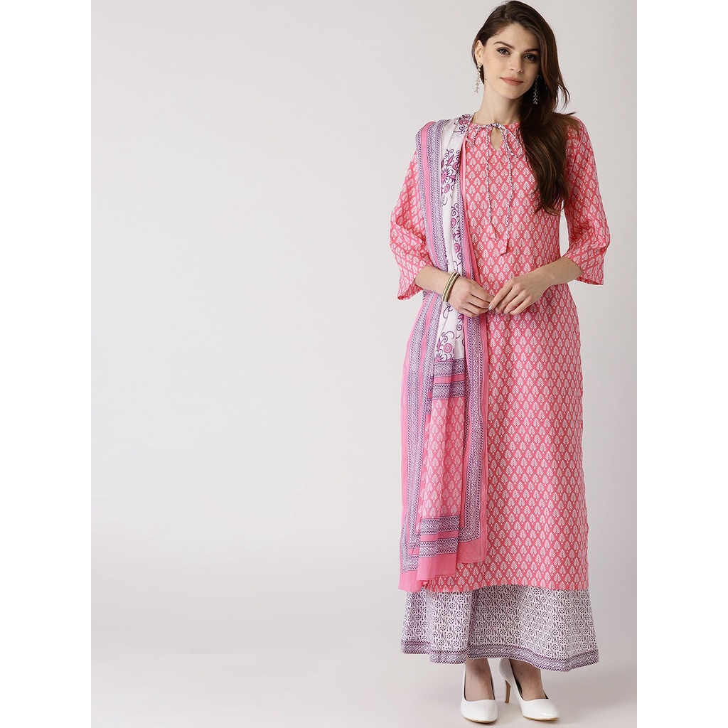 Kurti Libas Size L Warna Pink & White Set Palazzos & Dupatta / Kurti Set Baju Celana & Selendang / A