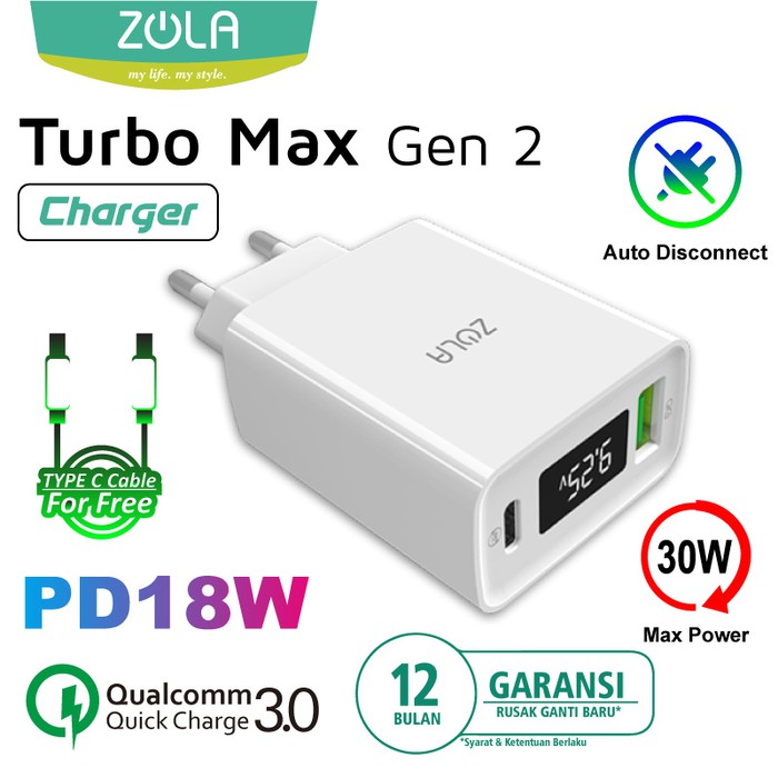 Zola Turbo Max Gen2 Charger QC 3.0 & PD For Ipad pro & Macbook Max 30W