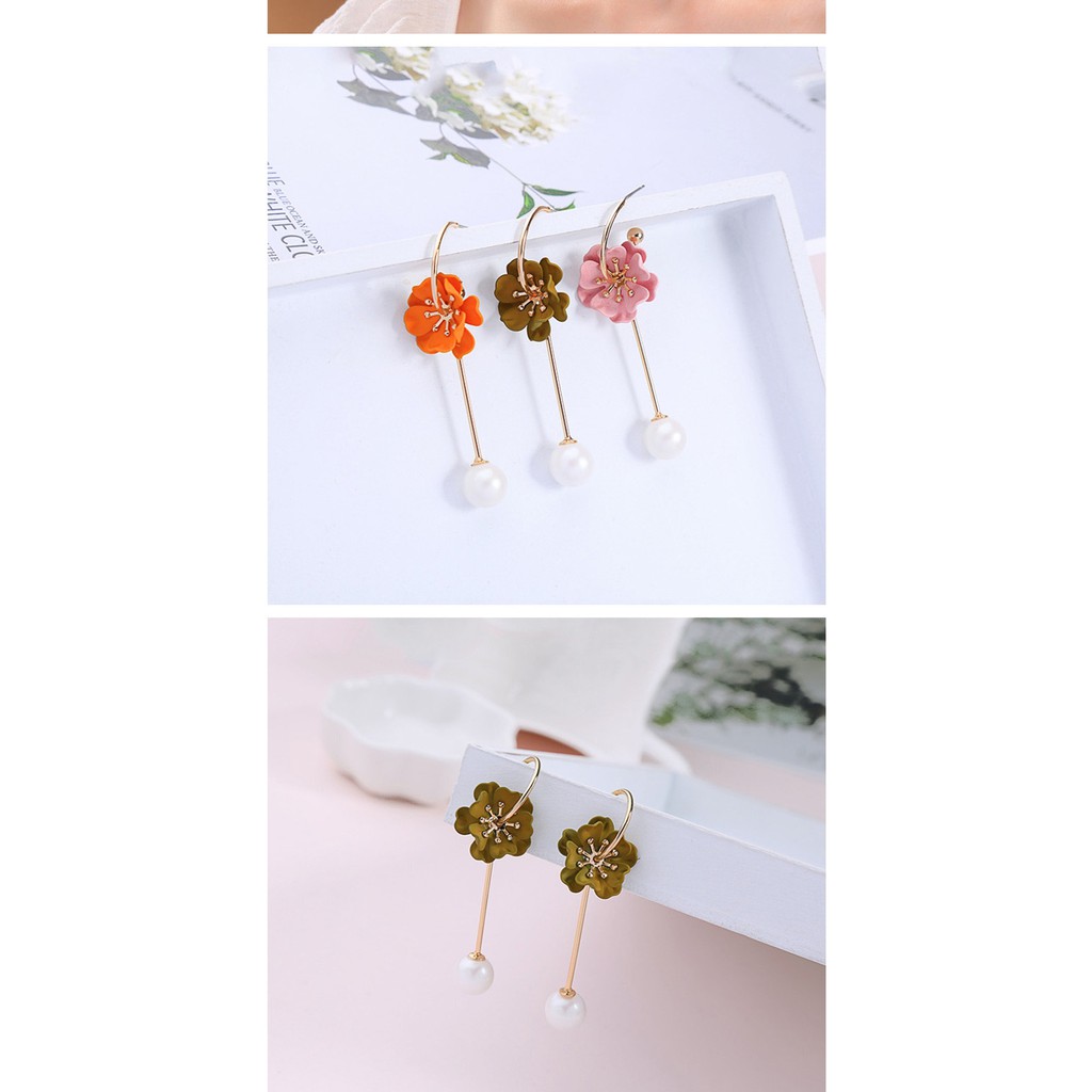 LRC Anting Gantung Fashion Pink Flower S925 Sterling Silver Pearl Earrings F95556