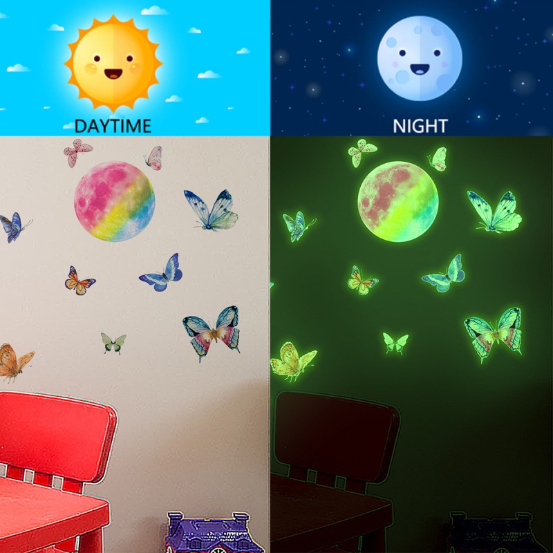 Stiker Dinding Desain Butterfly Moon Luminous Dapat Dilepas Untuk Dekorasi Kamar Tidur Anak