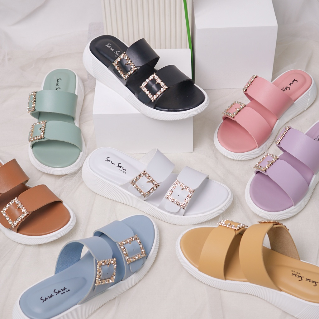 Sara Sara JOA Sandal Slop Wanita Kekinian Gesper Berlian Sendal Selop Cewek Sol Flatform Karet Sandal Wanita Terbaru