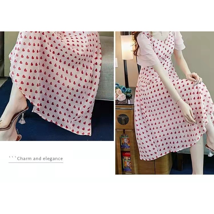 Rok sifon V-neck 2022 baru gaun polka-dot tanpa pinggang pakaian kipas dewi temperamen