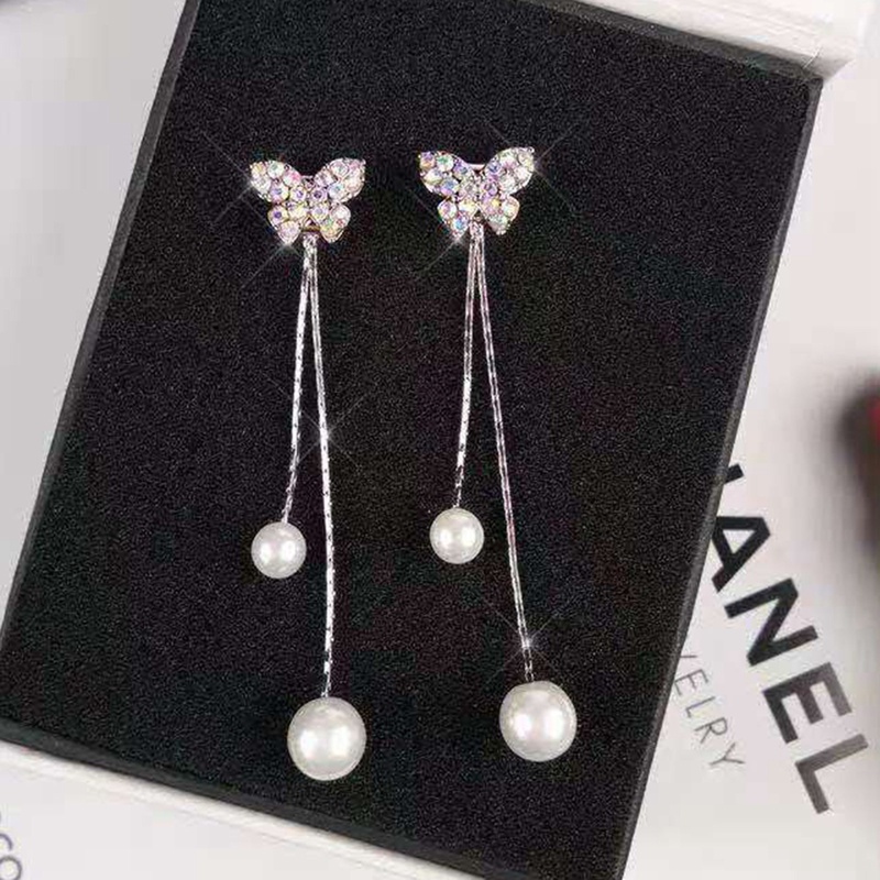 Anting Rumbai Desain Kupu-Kupu Aksen Mutiara Gaya Korea Minimalis Untuk Wanita