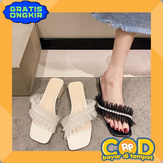 Sandal Hak Tahu Wanita Hak Kaca Bahan Rajut Sandal High Hells Wanita Kondangan Heels 3Cm 5Cm 7Cm Hak