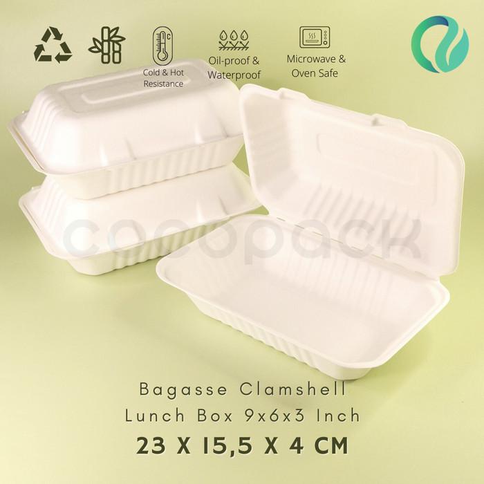 Jual Bagasse Clamshell Lunch Box 9"X6"X3" Sugarcane Food Container