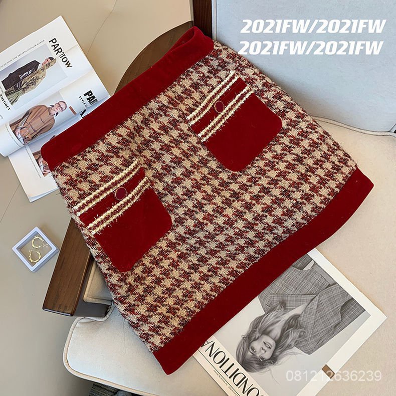 [✅BISA COD] # Sisjuly # Wewangian Kecil Merah Setelan Wanita Musim Dingin Mode Baru Retro Senior Rok Pendek Set