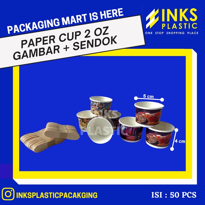 Jual PAPER CUP ICE CREAM MOTIF GAMBAR/CUP ES KRIM 2 OZ+SENDOK KAYU (50