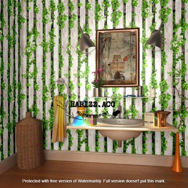 Wallpaper stiker motif daun rambat hijau dasar putih