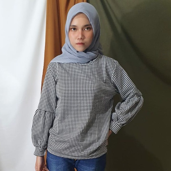 Blouse Wanita Lengan Panjang Houndstooth Puffy Naura LD 100cm Pjg 65cm FIt L-XL