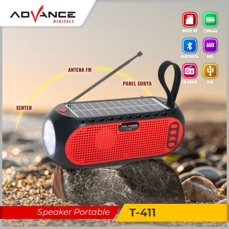 Speaker Bluetooth Advance T-411 Panel Surya Radio Senter bisa Charge dijemur Flashlight Speaker Wireless Senter Darurat Portable