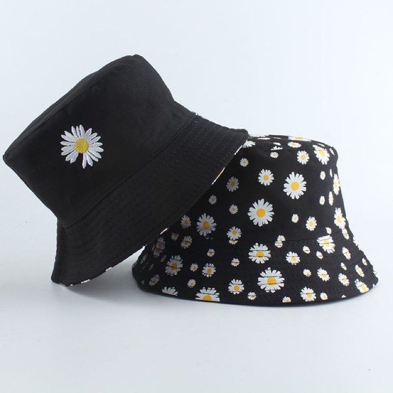 Topi Bucket Dua Sisi Anti Uv Motif Bordir dan Sablon Bunga Daisy Bahan Drilll / Daisy 002