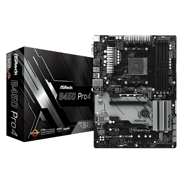 ASRock B450 PRO4 Motherboard ATX AMD AM4 DDR4 3200MHz PCIe 3.0 M.2 NVMe