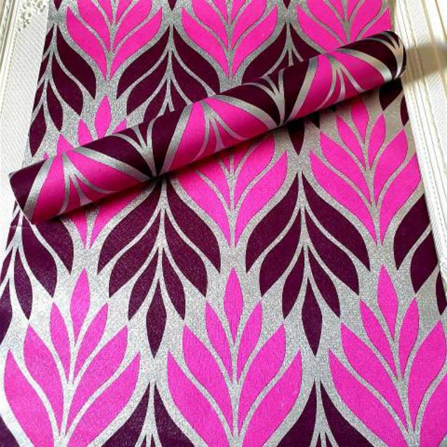 Stiker wallpaper dinding warna abu motip daun  ungu pink