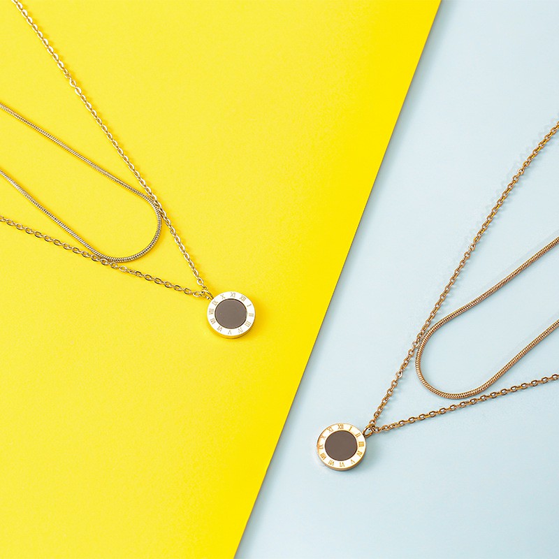 Kalung susun dua rantai kombinasi o dan itali Titanium Korea Style Wanita Anti Karat
