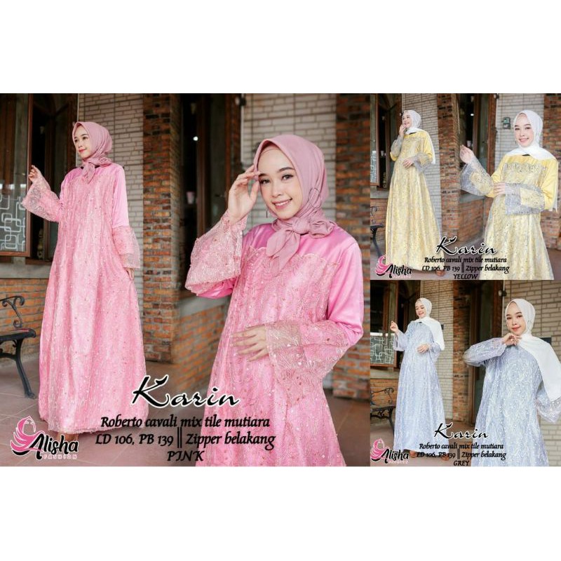 KARIN Gamis SATIN mix brokat lengan puff maxi dress