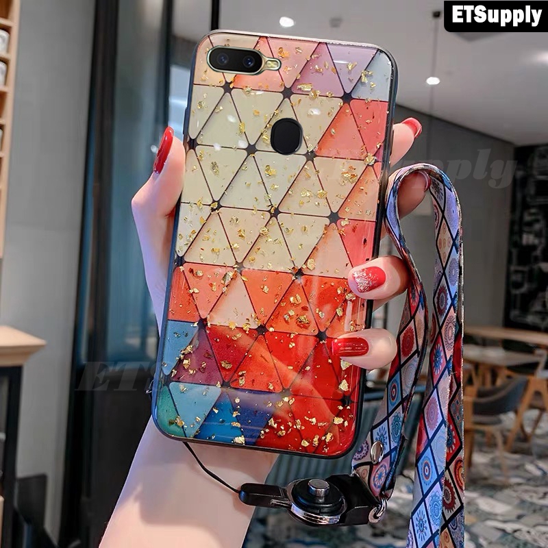 Casing Softcase Oppo A12 Aksen Foil Emas Dan Berlian Imitasi Dengan Tali Gantungan Shopee Indonesia