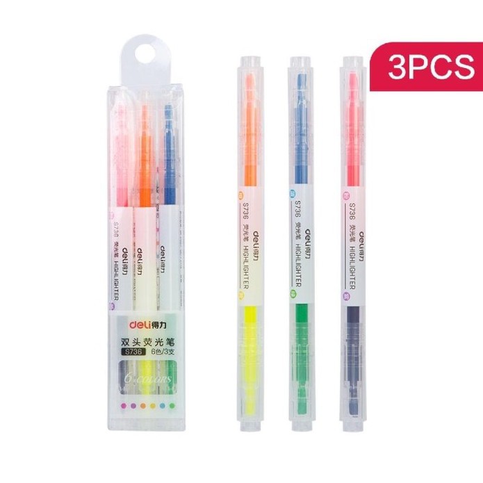 HIGHLIGHTER ( STABILO ) SPIDOL PENANDA SET ISI 3 6 WARNA DELI TWIN HEAD BAGUS 2 SISI KECIL + TEMPAT
